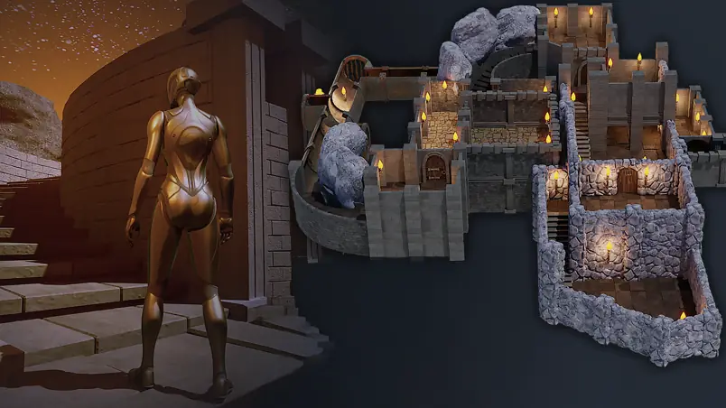 Blender 3 to Unreal Engine 5 dungeon modular kitbash course thumbnail