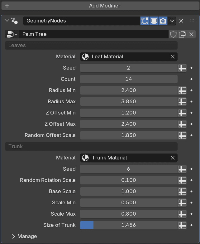 Blender Geometry Nodes modifier panel showing the 3D Tudor palm tree exposed controls for leaves and trunk settings.