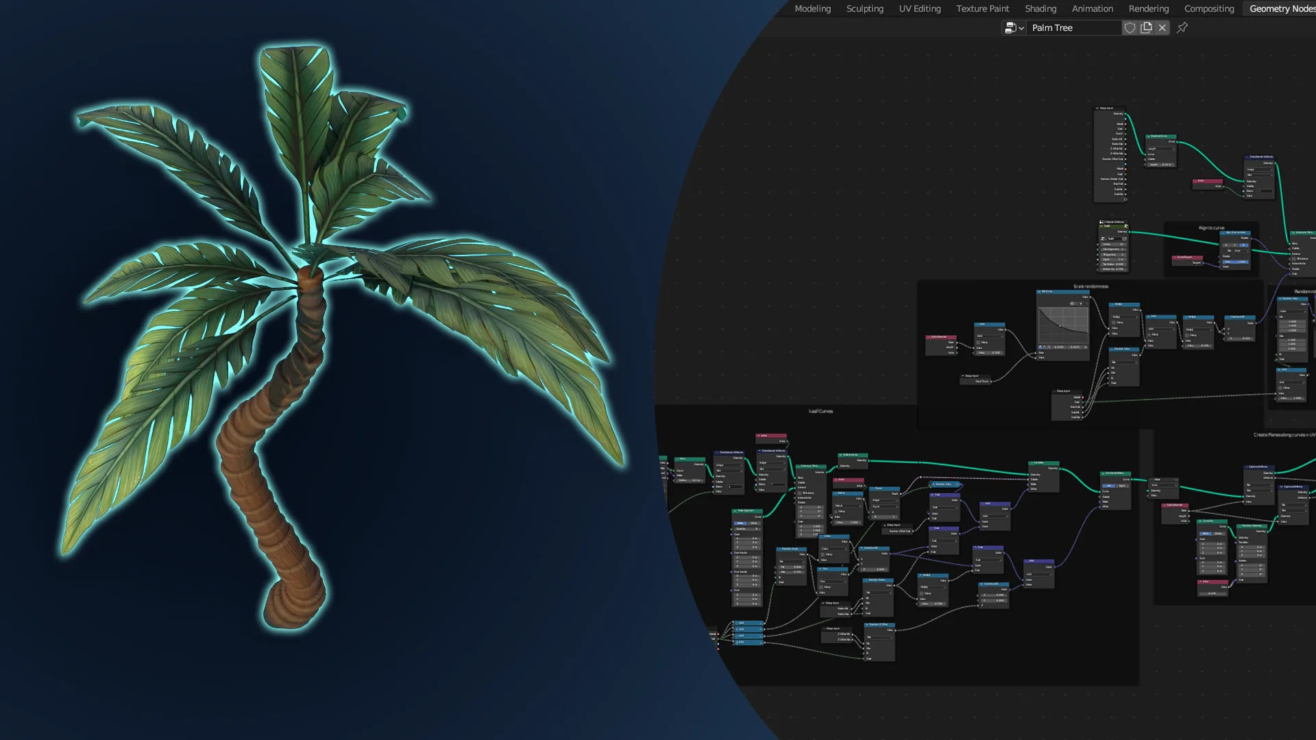 Palm tree render beside a Blender Geometry Nodes overview for the 3D Tudor palm tree system.