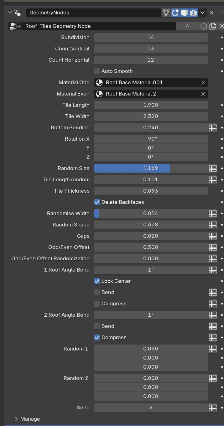 Blender Geometry Nodes modifier panel showing the 3D Tudor roof tile exposed controls.