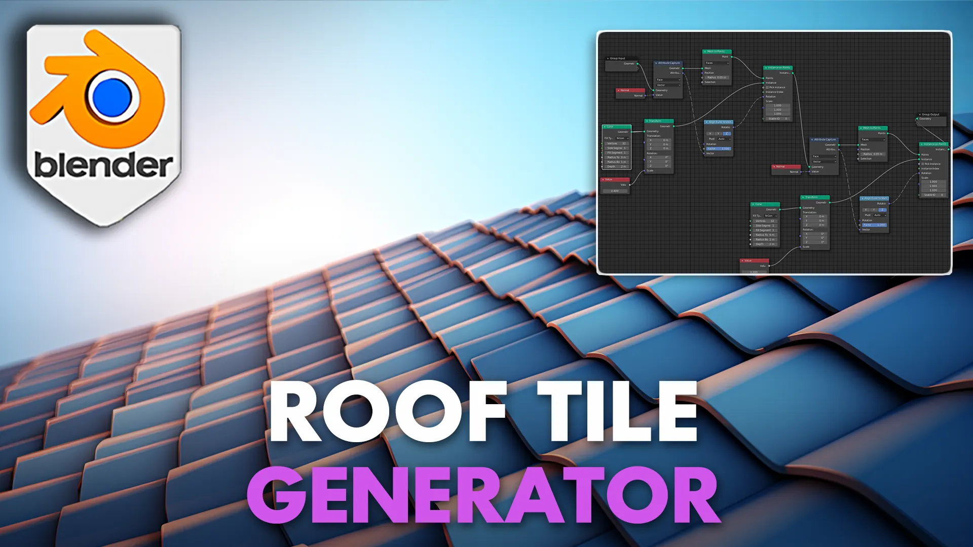 3D Tudor roof tile generator artwork showing curved blue roof tiles and a Blender node inset.