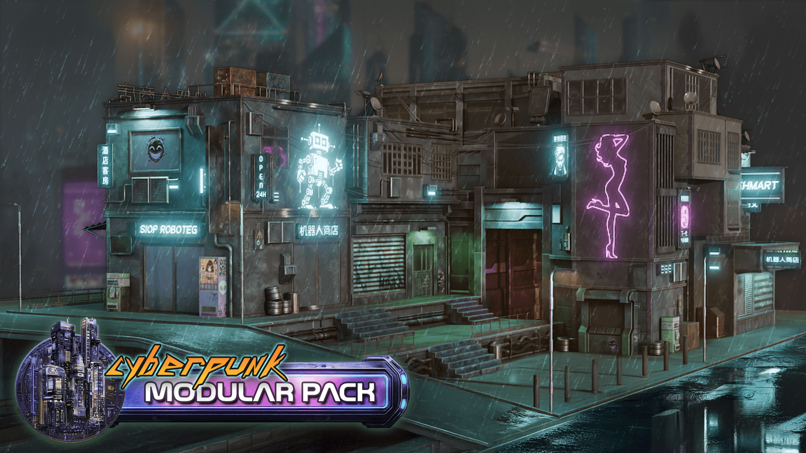 Cyberpunk town environment with rain, neon, and atmospheric lighting